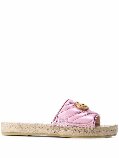 Pre-owned Gucci Gg Marmont Espadrille Slide Sandals Gold Pink 5 6.5 39 40 573028 In Pink Rose