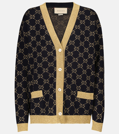 Gucci Women Blue/gold Gg Supreme Lurex And Cotton Knit  Cardigan