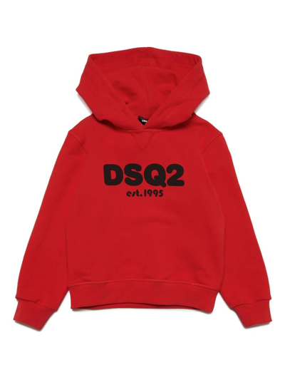 Dsquared2 Kids' Logo-flocked Cotton Hoodie In Rosso