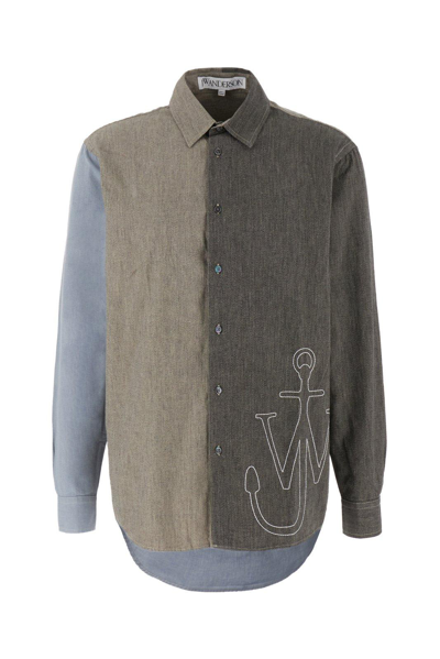 Jw Anderson Anchor-embroidered Colour-block Patchwork Shirt In Grey