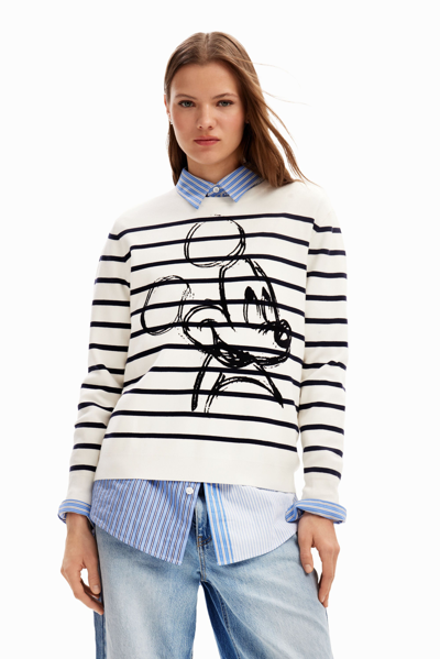 Desigual Striped Mickey Mouse Pullover In White