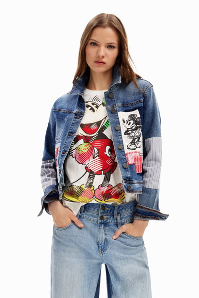 Desigual Patchwork Mickey Mouse Denim Jacket In Blue