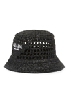 Prada Logo Cutout Raffia Bucket Hat In Black