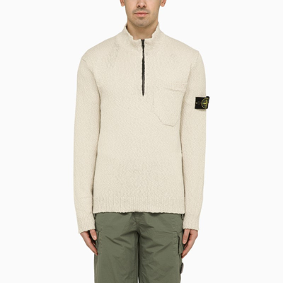 Stone Island Ivory Cotton And Linen Turtleneck Pullover In Multicolor