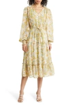 RACHEL PARCELL FLORAL LONG SLEEVE CHIFFON MIDI DRESS