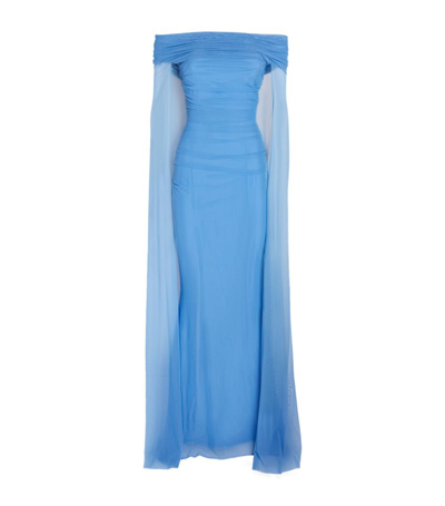 Talbot Runhof Off-shoulder Stretch Tulle Cape Gown In Sky