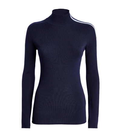 Moncler Side-stripe Ribbed Wool High-neck Sweater In Navy