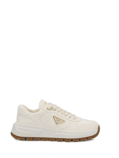 Prada Leather Logo Runner Trainers In Ivory