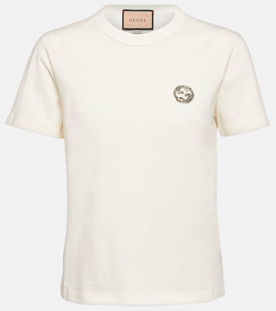 Gucci Verziertes T-shirt Aus Baumwoll-jersey In Weiss