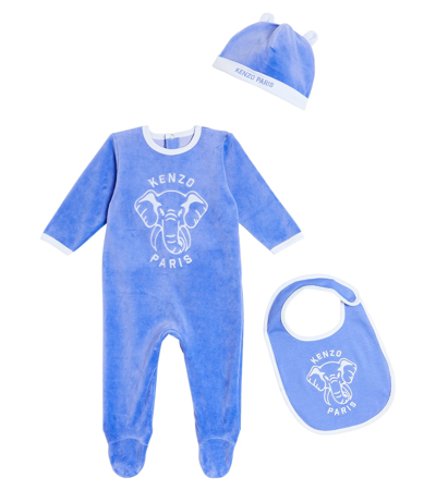 Kenzo Baby Cotton-blend Onesie, Bib, And Beanie Set In Blue