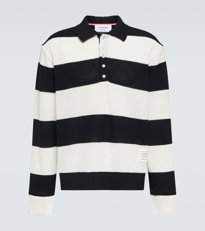 Thom Browne Striped Cotton Polo Sweater In Navy
