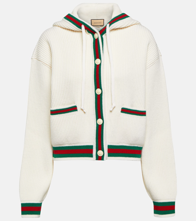 Gucci Web Stripe罗纹针织羊毛开衫 In Cream