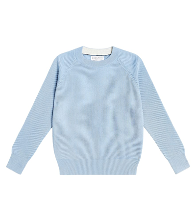 Brunello Cucinelli Kids' Ribbed-knit Cotton Sweater In Blue