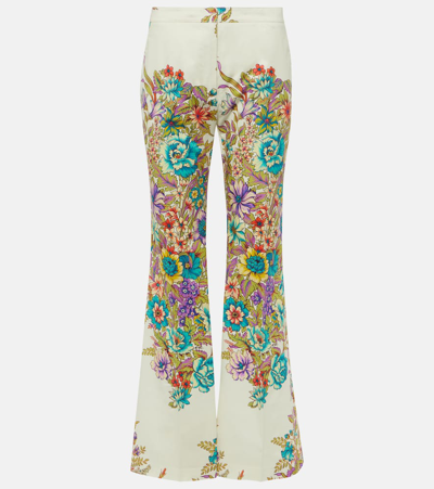Etro Mid-rise Engineer Bouquet Floral-print Flared Ankle Cotton Trousers In Print On White Ba