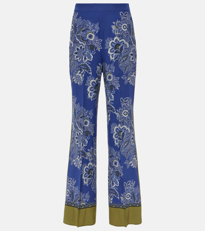 Etro Floral-print Satin Wide-leg Pants In Navy