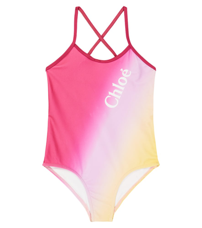 Chloé Kids' Logo Tie-dye Swimsuit In Yellow