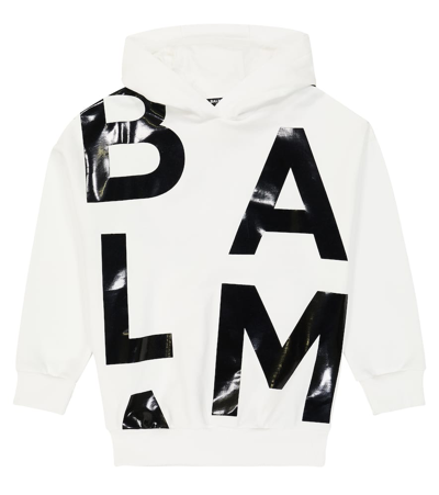 Balmain Kids' Logo Cotton Jersey Hoodie In White/black