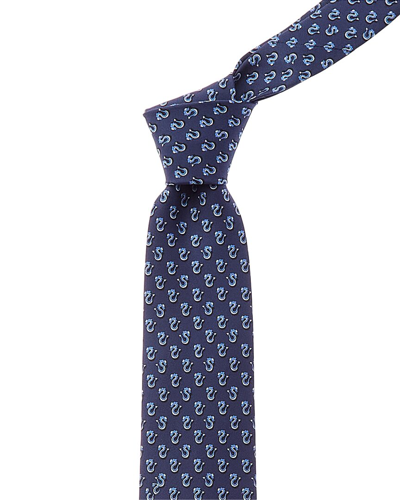 Ferragamo Man Dragon Print Silk Tie In Navy Blue