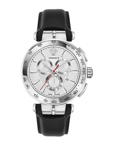 Versace Aion Chrono Leather Watch In Silver