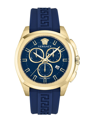 Versace Men's Swiss Chronograph Geo Blue Silicone Strap Watch 43mm In Ip Yellow Gold