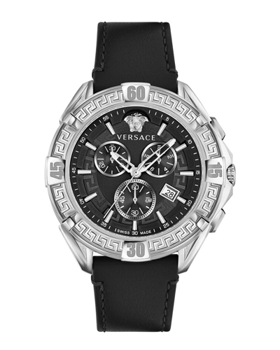 Versace Men's Swiss Chronograph V-greca Black Leather Strap Watch 46mm In Stainless Steel