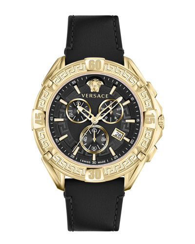 Versace Men's Swiss Chronograph V-greca Black Leather Strap Watch 46mm In Ip Yellow Gold