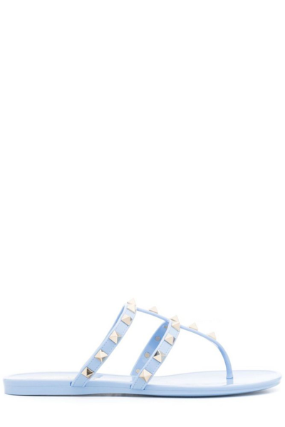 Valentino Garavani Rockstud Open Toe Flat Sandals In Azzurro