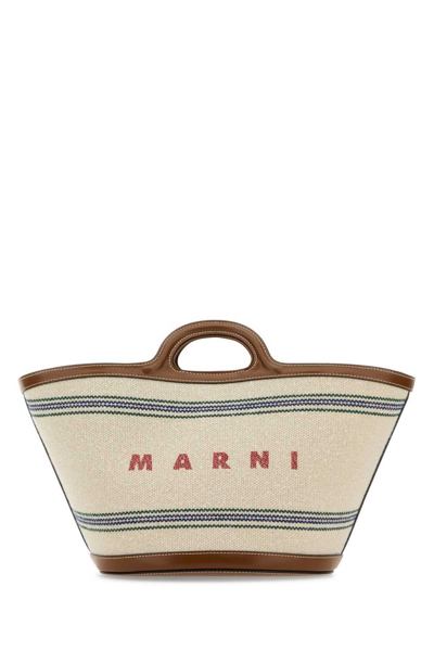 Marni Logo Printed Striped Tote Bag In Beige