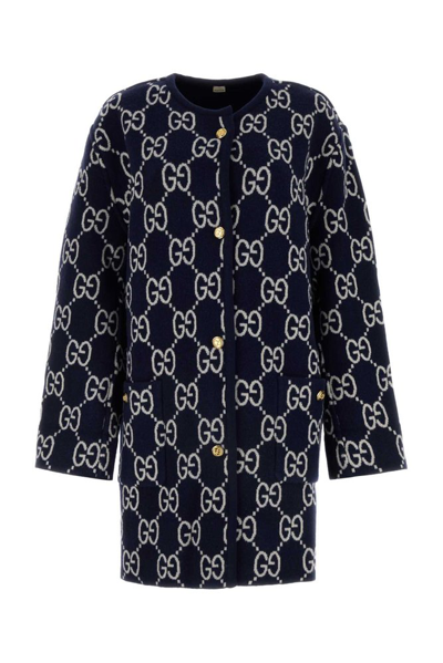 Gucci Gg Reversible Wool-blend Cardigan In Blue Navy,ivory