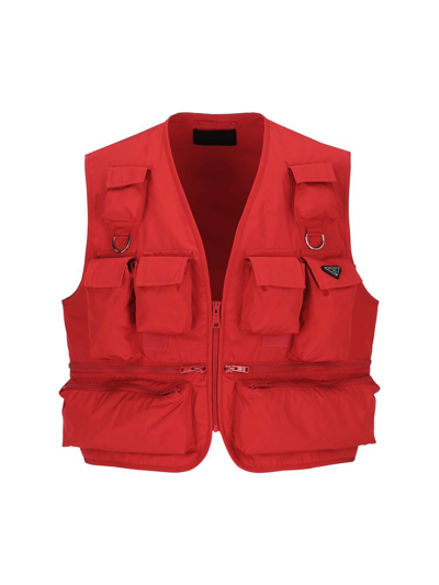 Prada Multi-pocket Cotton Gilet In Red