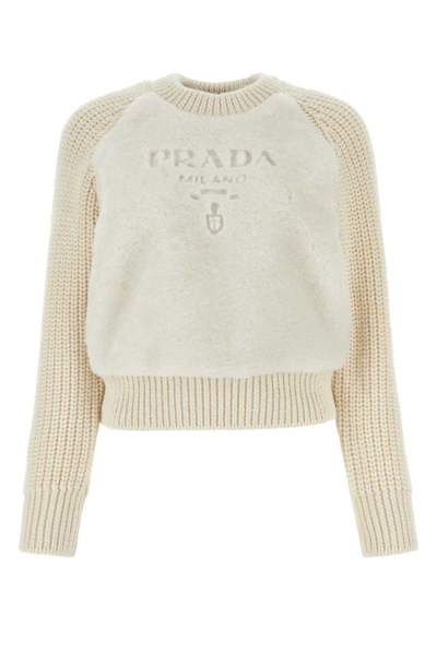 Prada Shearling And Alpaca Crew Neck Sweater In White