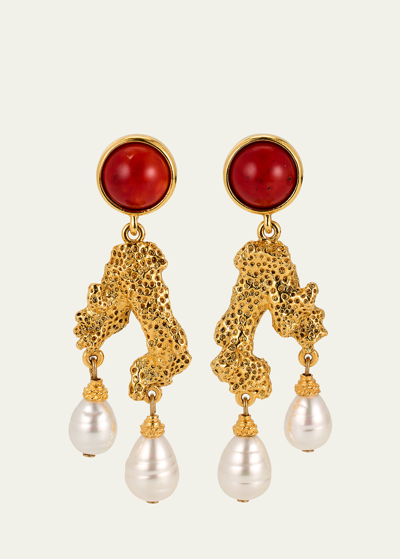 Ben-amun Coral Post Earrings With Pearly Drops In Yg