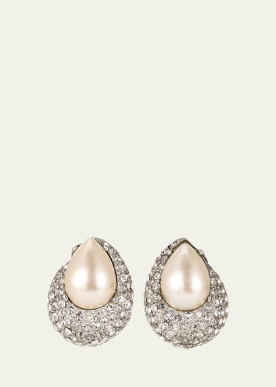 Ben-amun Silver Crystal Clip On Earrings With Pearly Center In Metallic