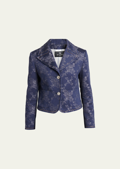 Etro Floral-print Fitted Jacket In Dark Blue