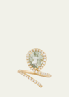 JAMIE WOLF 18K YELLOW GOLD SCRIPT VERTICAL PEAR SHAPE RING WITH LIGHT GREEN TOURMALINE AND DIAMONDS