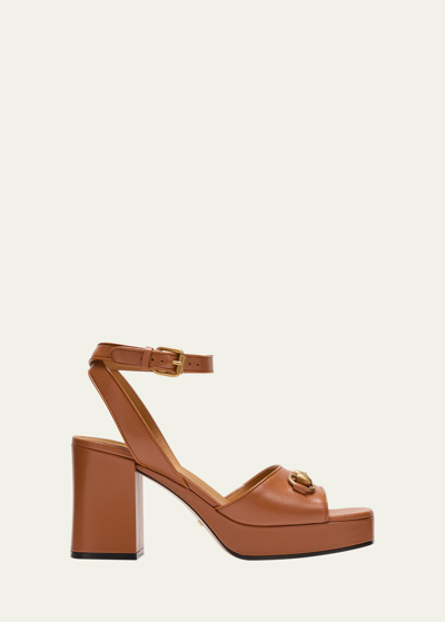 Gucci Horsebit 60 Leather Platform Sandals In Brownie
