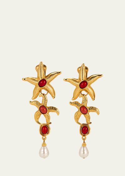 Ben-amun Starfish Clip On Earrings With Pearly Drops And Coral Stones In Yg