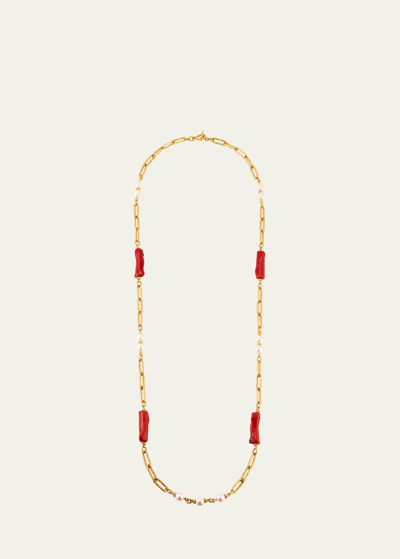 Ben-amun Long Chain Necklace With Coral Stones And Pearly Beads In Yg