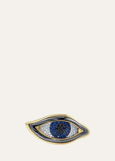 Vram 18k Yellow Gold And Silver Eye Of Chrona Ring With White Diamonds, Sapphires And Black Diamonds