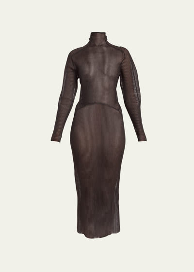 Alaïa Long-sleeve Sheer Mock-neck Midi Dress In Marron Fonce