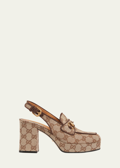 Gucci Lady Monogram Horsebit Slingback Pumps In Beige Ebony New Acero