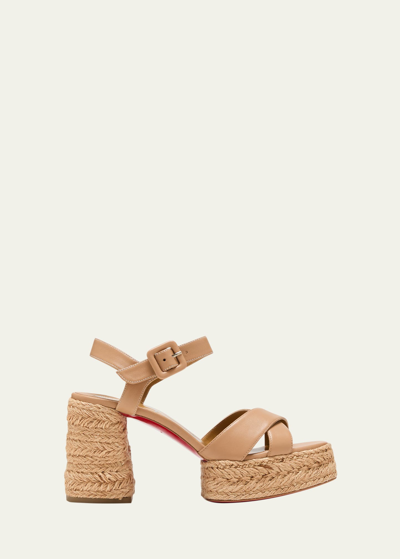 Christian Louboutin Calakala Leather Crisscross Red Sole Espadrille Sandals In Toffee