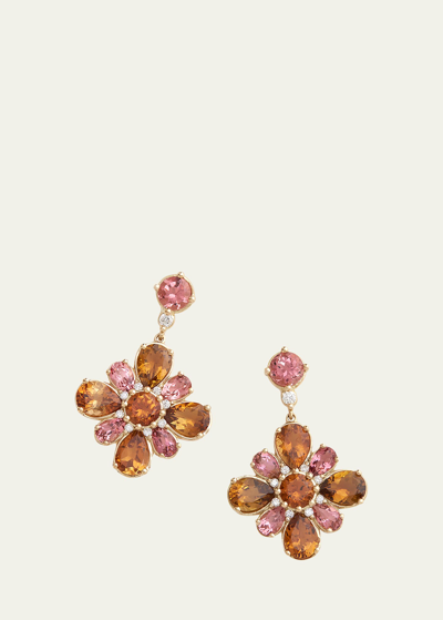 Jamie Wolf 18k Yellow Gold Floral Earrings With Orange Tourmaline, Pink Tourmaline And Diamonds In Yg