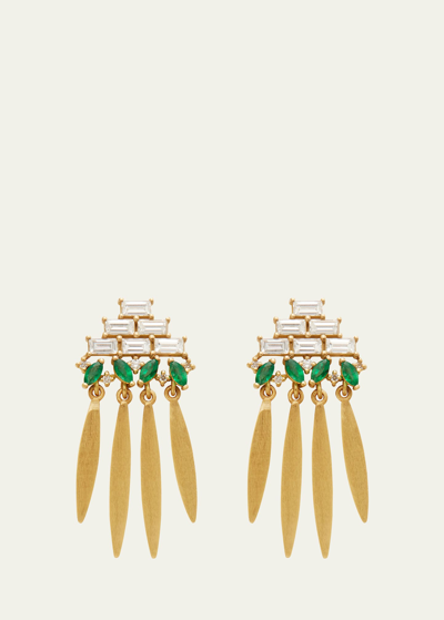 Ileana Makri 18k Yellow Gold Grass Spike Earrings With Diamonds And Emeralds In Yg