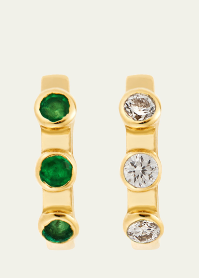 Ileana Makri 18k Yellow Gold Midi Hoop Earrings With White Diamonds And Emeralds In Yg