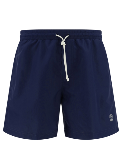 Brunello Cucinelli Embroidered-logo Swim Shorts In Blue