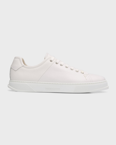 Ferragamo Men's Clayton Tonal Leather Low-top Trainers In Bianco Ott