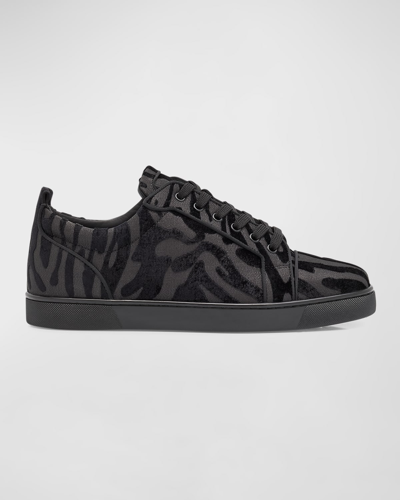 Christian Louboutin Men's Louis Junior Velvet Quagga Low-top Sneakers In Black