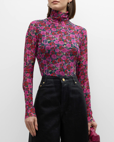 GANNI FLORAL MESH LONG-SLEEVE TURTLENECK TOP