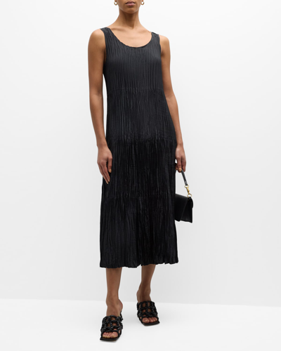 Eileen Fisher Tiered Sleeveless Crinkled Midi Dress In Black